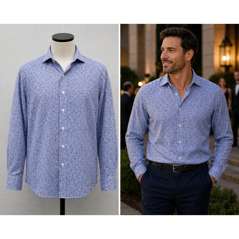 Baird McNutt Linen Button Down Shirt Mens L Blue  Seersucker Long Sleeve Murano